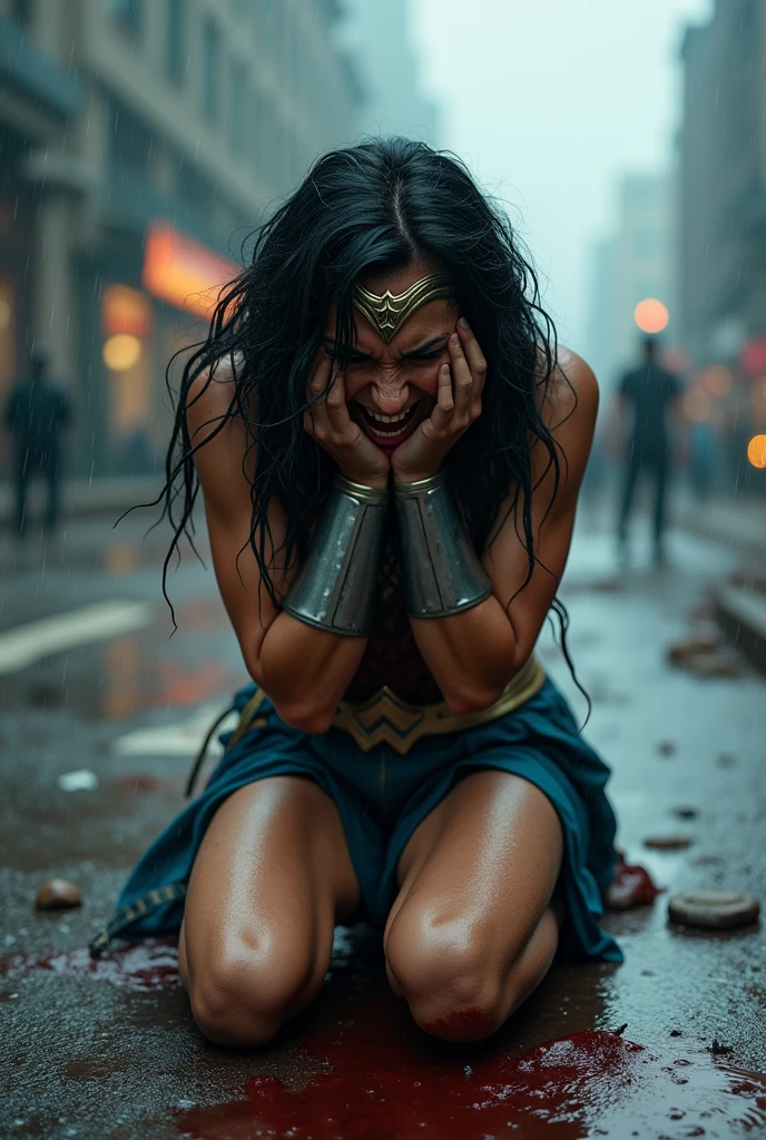 Wonder Woman kneeling with her hands on her face screaming in exhaustion after a battle, blood around her in a rainy apocalyptic city, wet hair, bloody and terrifying images.