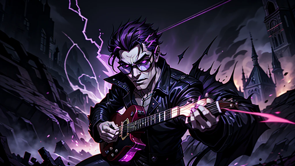 Create a surreal and haunting high fantasy image of a male vampire using dark glasses in a rockstar jacket, "Kaelin Darkshadow", playing a flaming guitar while battling a horde of demonic creatures in a mystical, neon-lit arena. called 'Lunar Fang', is a legendary musician who sold his soul to the devil for unparalleled musical prowess. His music has the power to summon spirits and his guitar solos can shatter the very fabric of reality.  background castle in fire purple