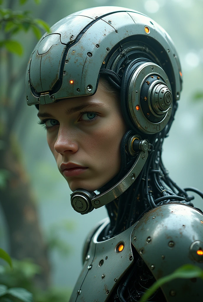 A highly detailed young male cyborg, with a focus from the shoulders up, looking slightly towards the camera. The cyborg should have a futuristic and sleek appearance, featuring a combination of polished metal and intricate mechanical details. His eyes should be glowing and enigmatic, with an expression suggesting contemplation or curiosity. The background should be ethereal and natural, blending elements of nature (such as trees, plants, and a subtle mist) with hints of a futuristic environment. The transition between the cyborg's technology and the natural elements should be smooth and harmonious, creating a striking visual contrast.