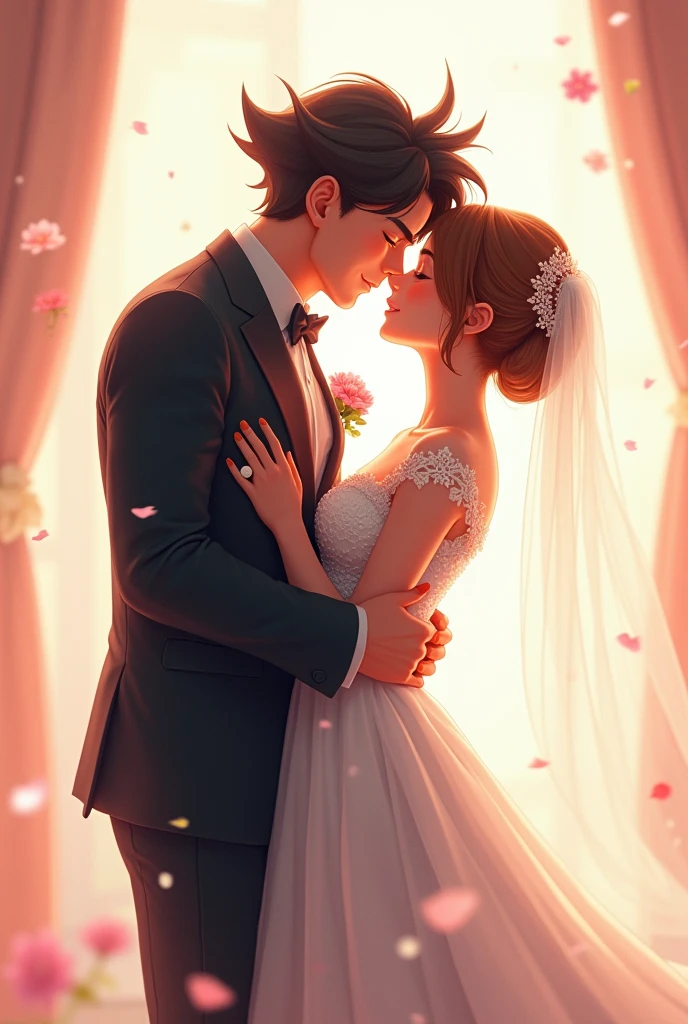 Goku, with a muscular physique, is wearing a wedding suit and kissing Minami Fuyuki, who has blonde hair, dark blue eyes, and a sexy body. She is wearing a wedding dress and they are kissing.