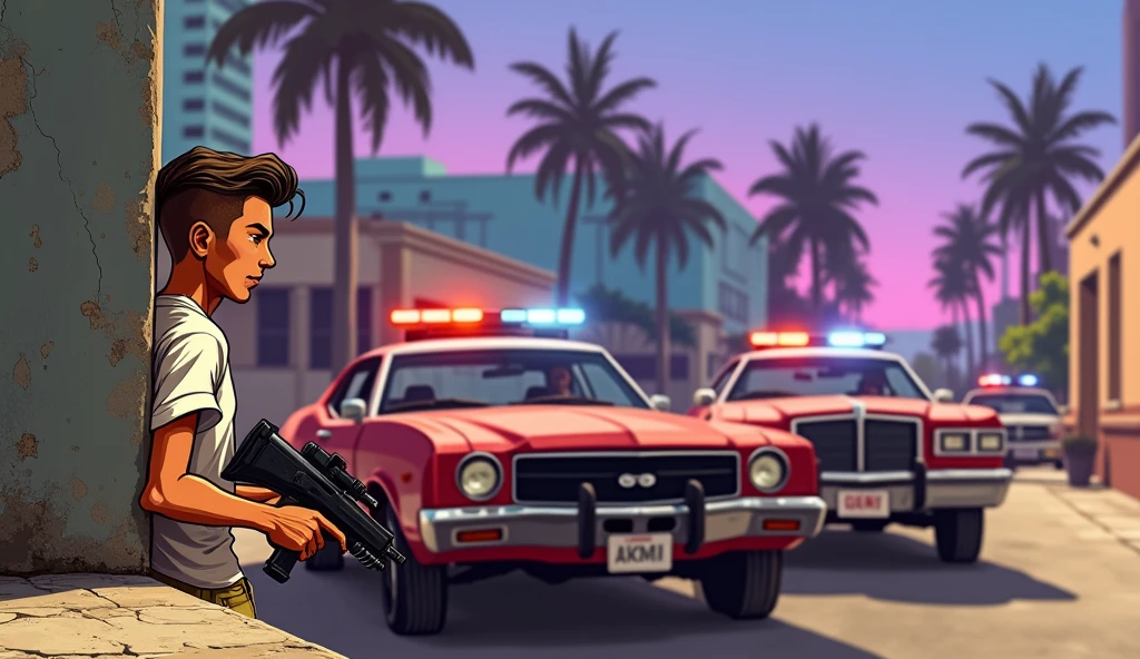 GTA V Art Style, a thin man, Caesar cut hair, Wearing White T-shirt, A guy wearing Bermuda shorts and old sneakers holds a submachine gun hiding behind a wall.. Police cars approaching in the background, Miami Suburbs, shades of purple and pink, colorful illustration