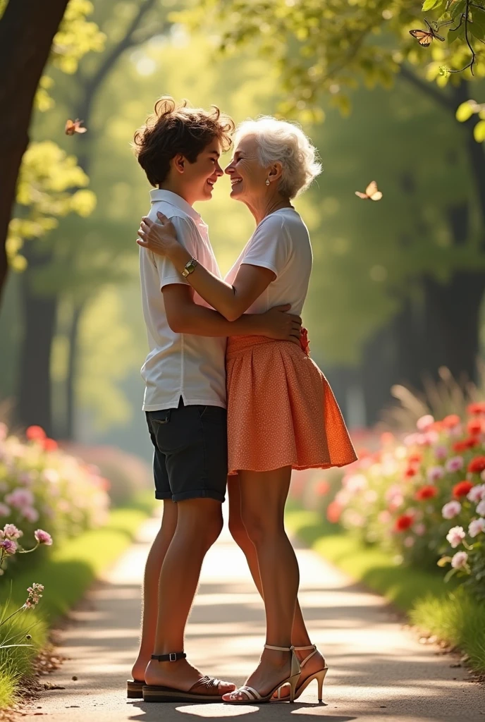 r male hugging from behind and caressing old woman's legs in miniskirt and high heel sandals standing and full body