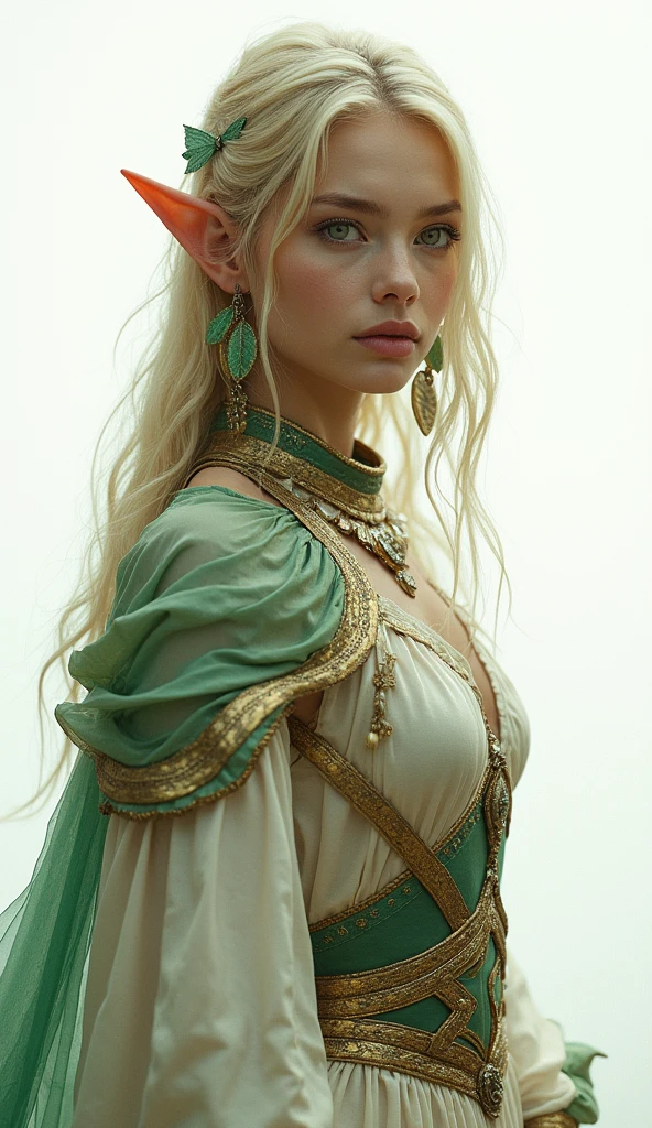 uma mulher de 20 anos, Caucasian skin, short hair to the chin blonde, with two large strands down to the shoulders in the front, honey colored eyes with small belladonnas around the iris, light green water lines, ear with leaf earrings, narrow but fleshy mouth, Angelic face with big eyes (the appearance has to be of a fantasy world) with an indifferent expression
Draw the full body, white background, She is a fantasy warrior