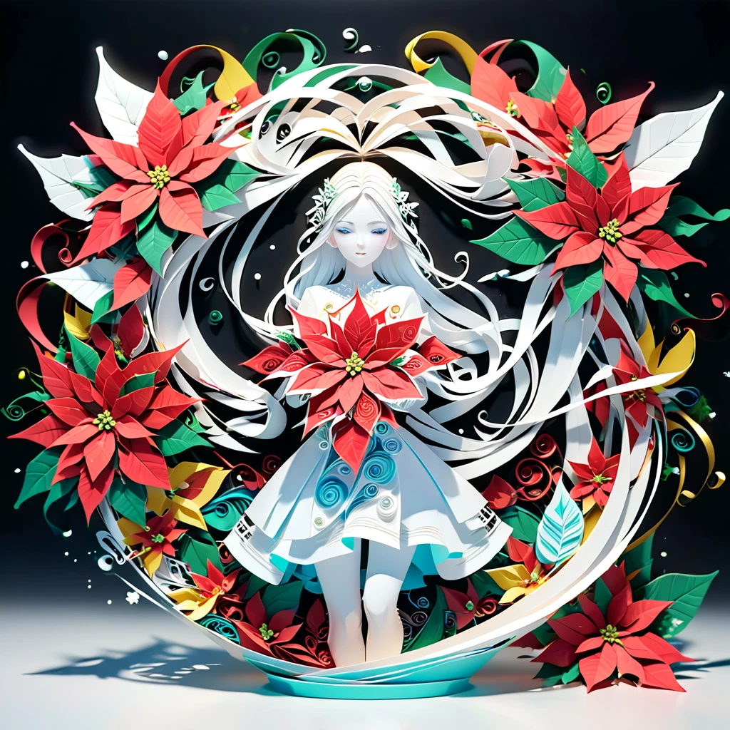 (hologram:1.5),(Silhouette of a beautiful woman:1.3),(Colorful poinsettia:1.2),In winter,White Background,Paper Art,(quilling Paper Art:1.5),(Tangled:1.2), (geometry:1.2),3D Rendering,Very detailed, Cinematic Lighting Effects,4K,masterpiece,