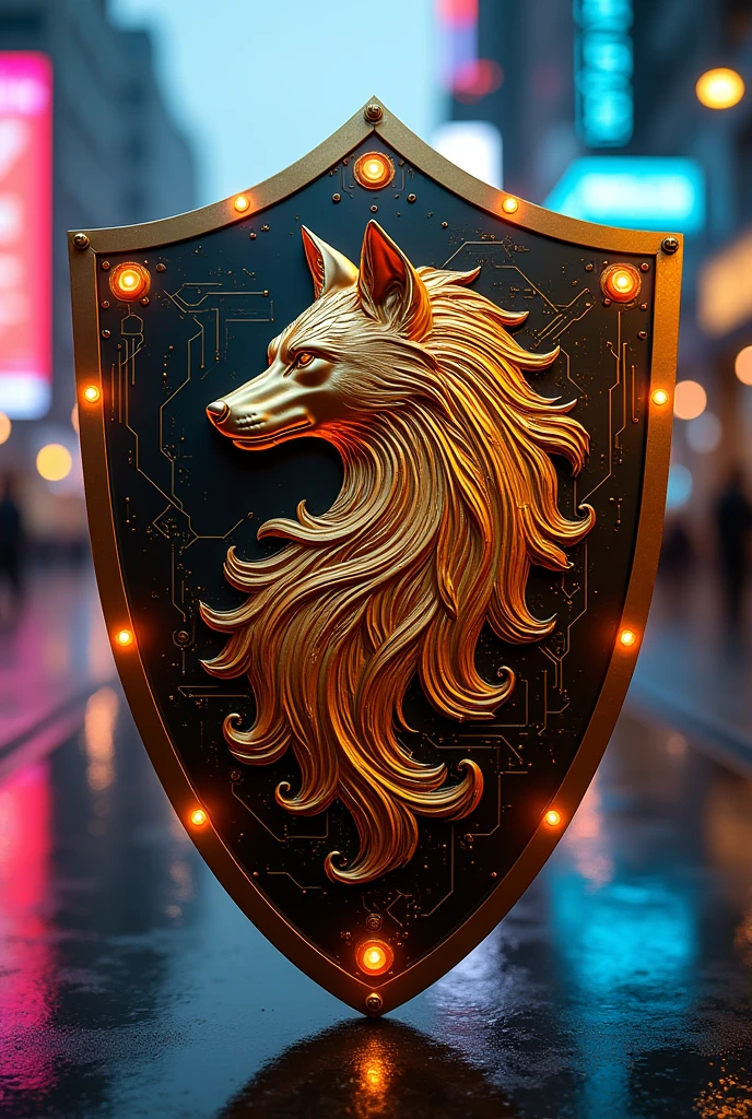 make a shield of a golden wolf with technology features
