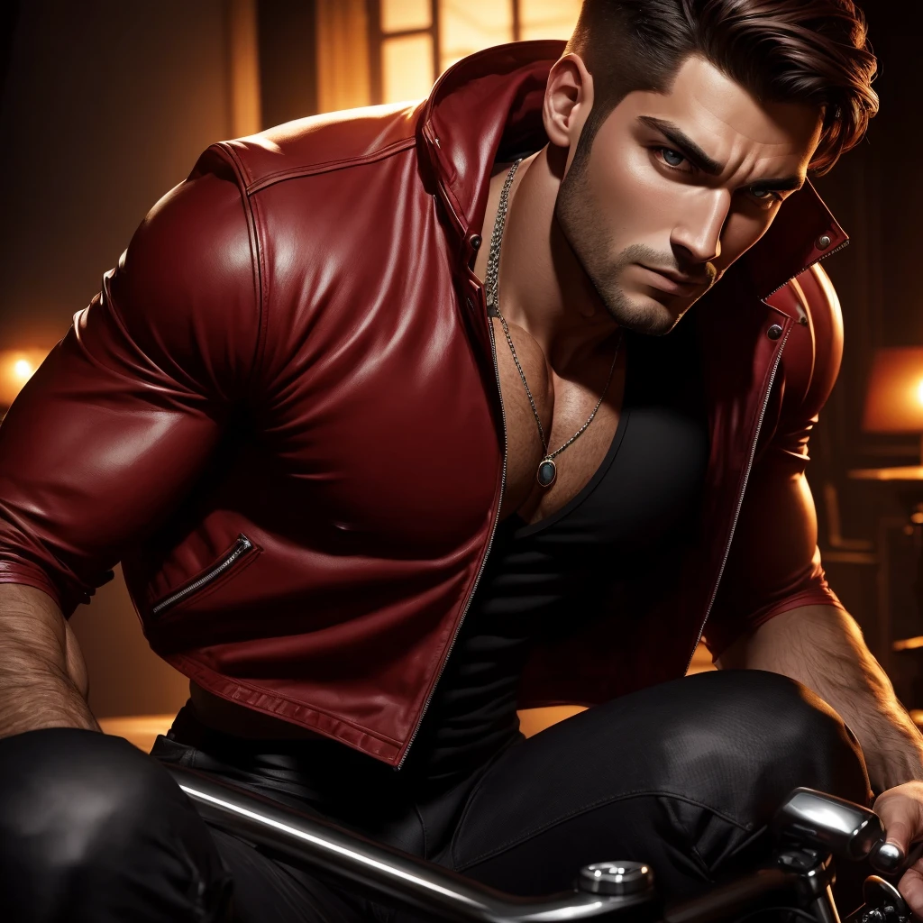 a muscular handsome man, extremely detailed face, perfect face, short hairstyle, looking at viewer romantically, ruby red jacket, black pants, ruby necklace, sexy look, smooth skin, riding red CB200x bike, (best quality,4k,8k,highres,masterpiece:1.2),ultra-detailed,(realistic,photorealistic,photo-realistic:1.37),portrait,dramatic lighting,vibrant colors