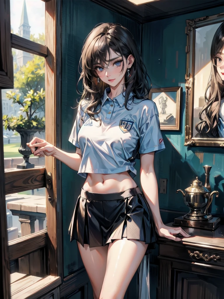 absurdres, RAW photo, extremely delicate and beautiful, masterpiece, Best Quality, ultra high resolution, 32k, hyper realistic, ultra-detailed, Very detailed CG 8k wallpaper, detailed background, landscape, Beautiful Lighting, Perfect Lightning, Realistic Shadows, perfect anatomy, anatomically correct, ideal ratio body proportions, perfect figure, Perfect Style, Perfect balance, super Detailed skin, in her 30s, very Slim body, narrow waist, very small head, very small face, delicate facial features, handsome detailed woman, very detailed eyes and face, realistic face proportions, Realistic beautiful face, Realistic beautiful eyes, tearful mole, earring, full body shot, full legs, very huge round tits, medium hair, asymmetrical hair, wavy hair, indoor, tight skirt, cropped T-shirt, (golf uniform),