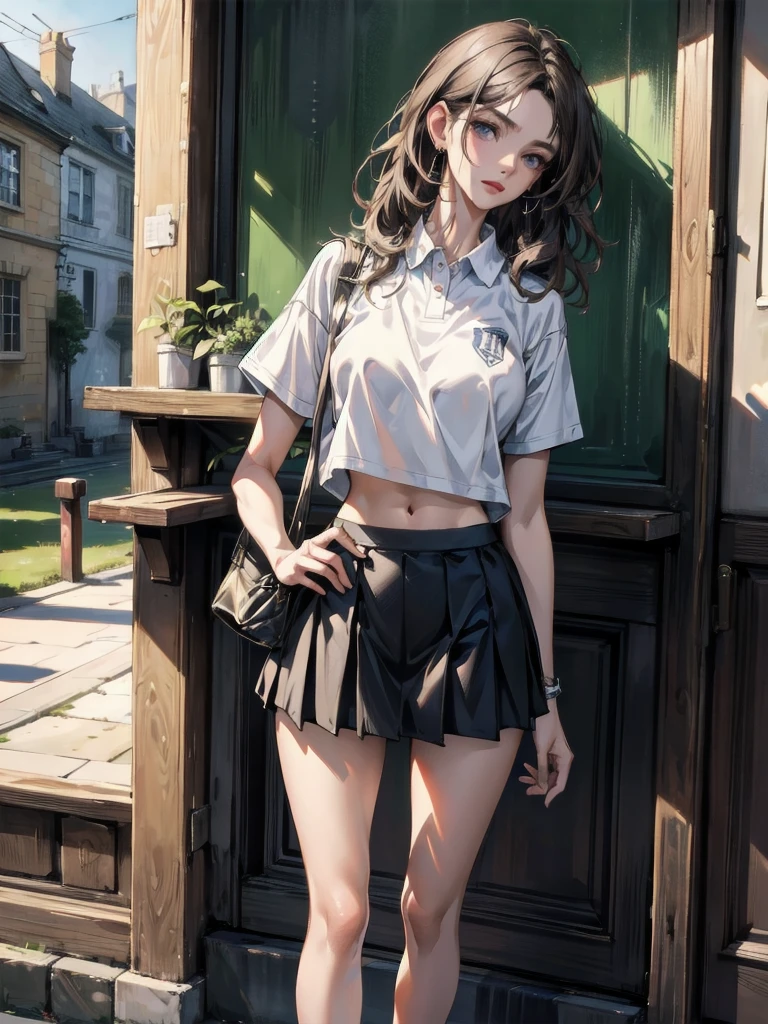 absurdres, RAW photo, extremely delicate and beautiful, masterpiece, Best Quality, ultra high resolution, 32k, hyper realistic, ultra-detailed, Very detailed CG 8k wallpaper, detailed background, landscape, Beautiful Lighting, Perfect Lightning, Realistic Shadows, perfect anatomy, anatomically correct, ideal ratio body proportions, perfect figure, Perfect Style, Perfect balance, super Detailed skin, in her 30s, very Slim body, narrow waist, very small head, very small face, delicate facial features, handsome detailed woman, very detailed eyes and face, realistic face proportions, Realistic beautiful face, Realistic beautiful eyes, tearful mole, earring, full body shot, full legs, very huge round tits, medium hair, asymmetrical hair, wavy hair, indoor, tight skirt, cropped T-shirt, (golf uniform),