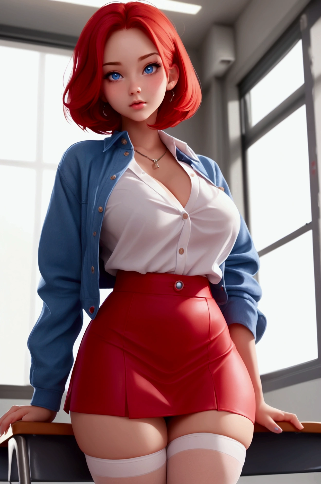 young woman 18 years old,  college,  red mini skirt,  white mini blouse with button neckline,   pantyhose, short red hair, blue colored eyes,  medium sized breasts,  accentuated hip, thick thighs, In school 