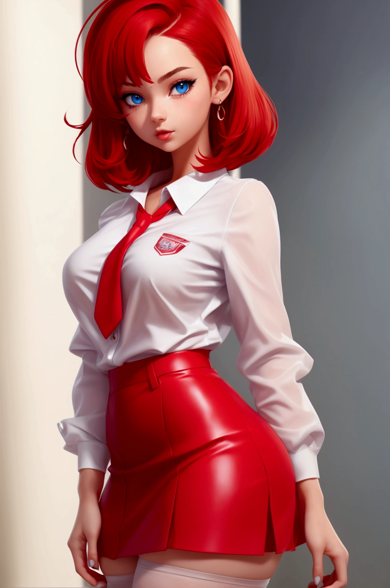 young woman 18 years old, college, red mini skirt, white mini blouse with button neckline, pantyhose, short red hair, blue colored eyes, medium sized breasts, accentuated hip, thick thighs, In school