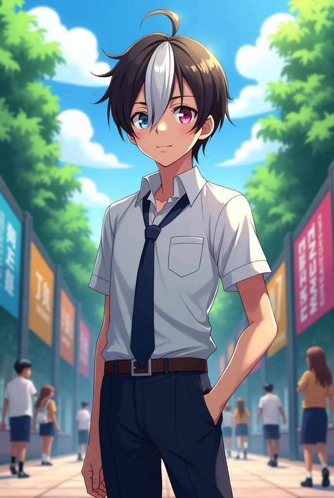 A U.A student, short dark brown hair with a white streak, one pastel pink eye and the other light blue, the academy uniform and with a scar on the corner of his mouth.