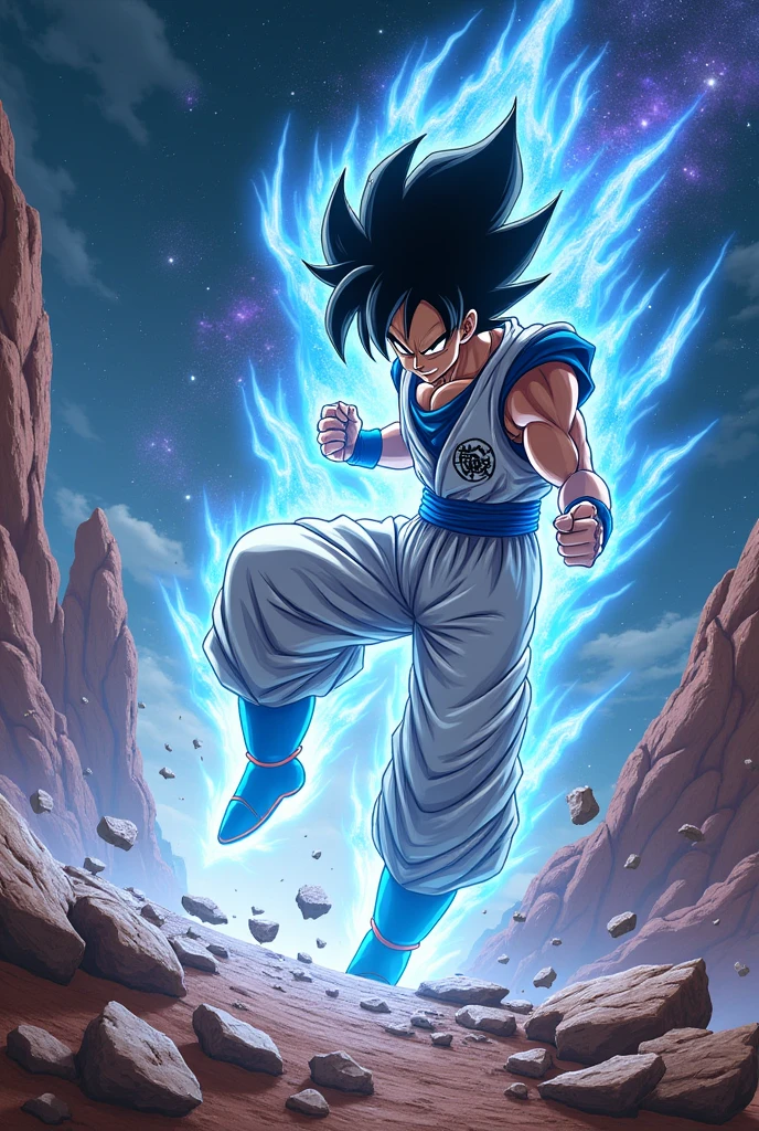 Create a scene where Goku, in his Ultra Instinct form, is fighting Bills., on a remote planet.