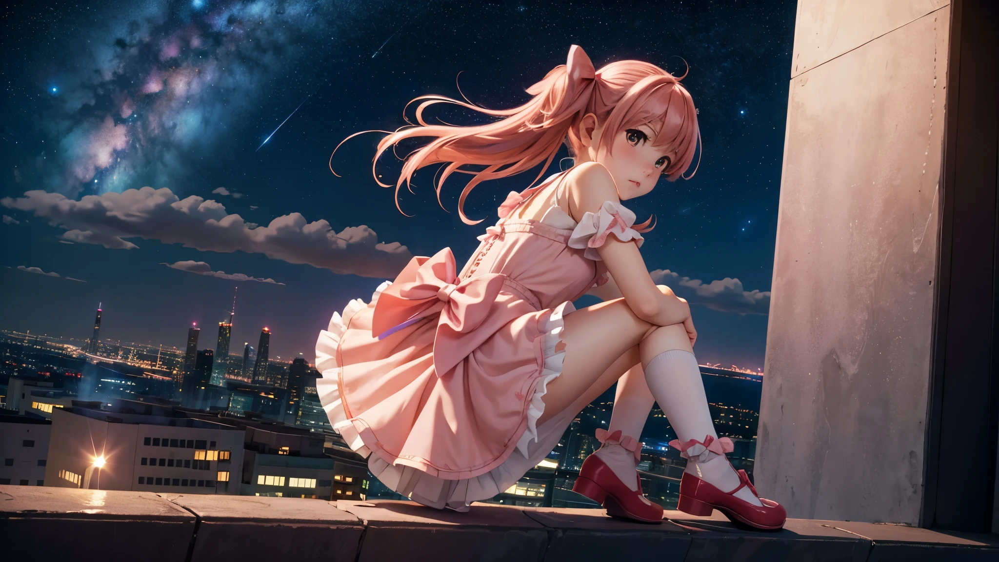 a girl on the top of a skyscraper,  looking at viewer, blush, sky, night, starry sky, galaxy, outdoors, cityscape, full body, bow \(weapon\), from back, bobby socks, 
 1girl, kaname madoka, pink hair, frilled dress, red footwear,