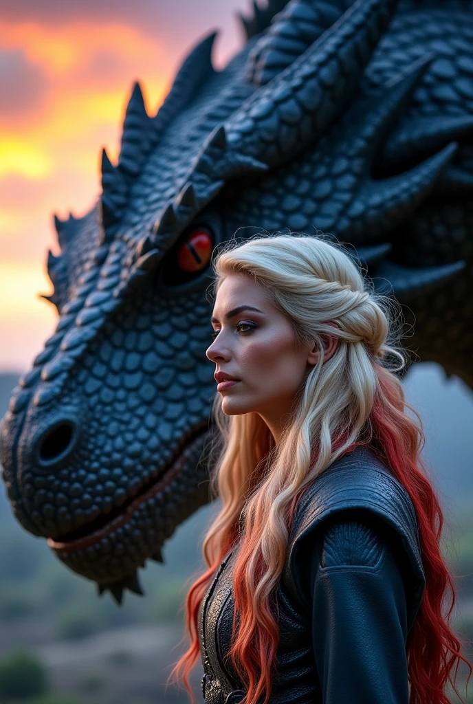 Woman with hair with a section of reddish streaks and some platinum blonde streaks , next to a large dragon of dark metallic blue color