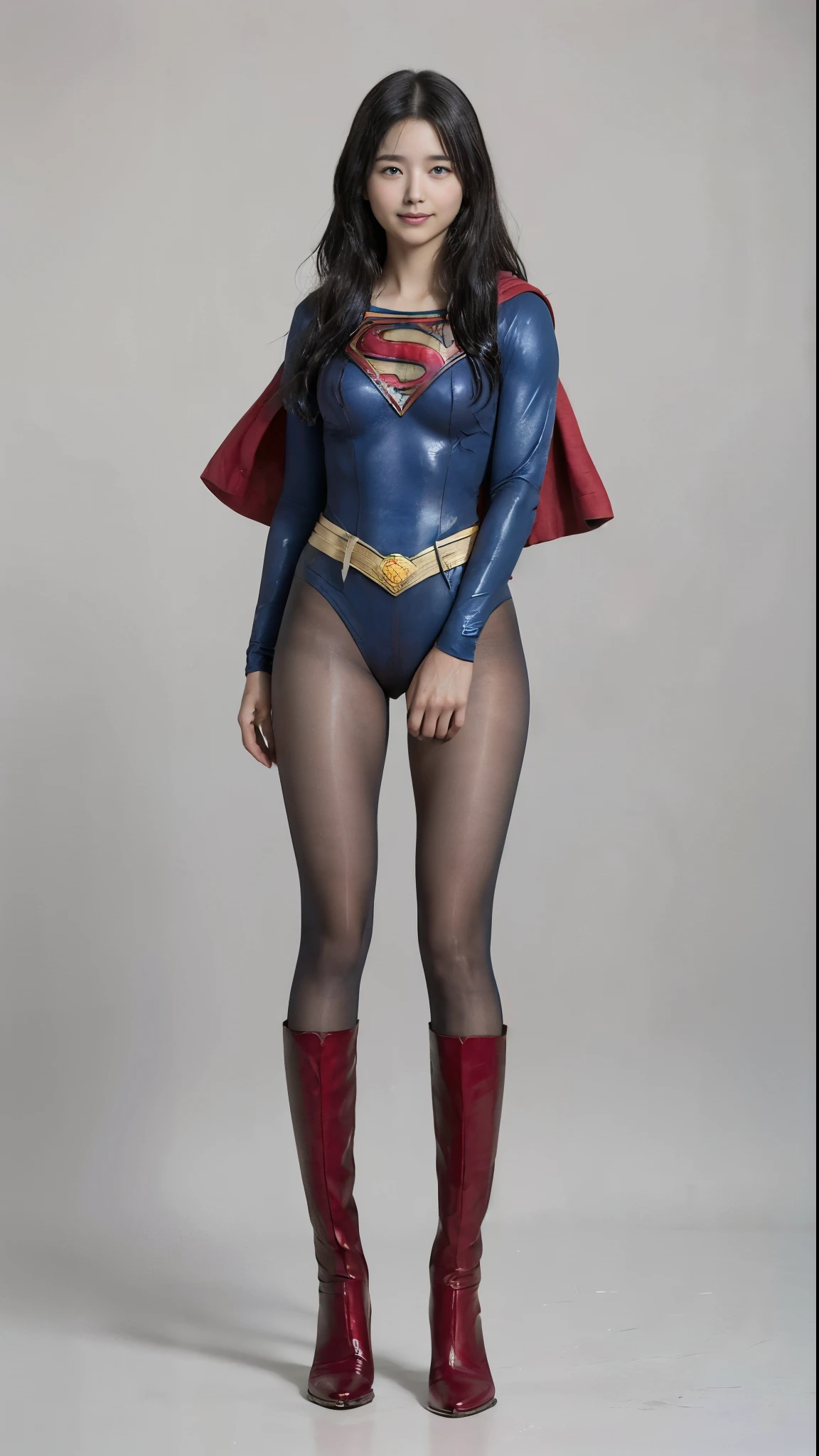 No background、(((Beautiful legs in black tights.)))、(((Legally express the beauty of your smile)))、((((Make the most of your original images)))、(((Supergirl Costume)))、(((Beautiful Hair)))、(((suffering)))、(((Please wear black tights....、Wear red boots)))、((Best image quality、8k))、((Highest quality、8k、masterpiece:1.3))、(((Preserve background )))、Sharp focus:1.2、Beautiful woman with perfect figure:1.4、Slim Abs:1.2、Wet body:1.5、Highly detailed face and skin texture、8k