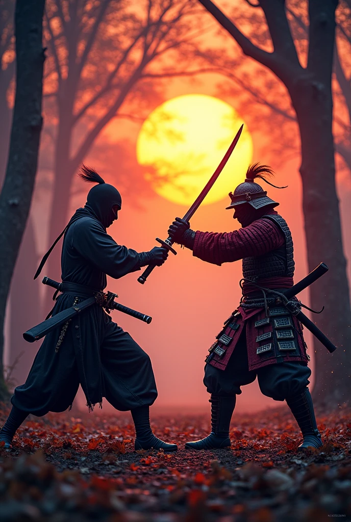 NInja and Samurai fighting, in the sunset, in a forest, both with swords, both are with blood and injuries.