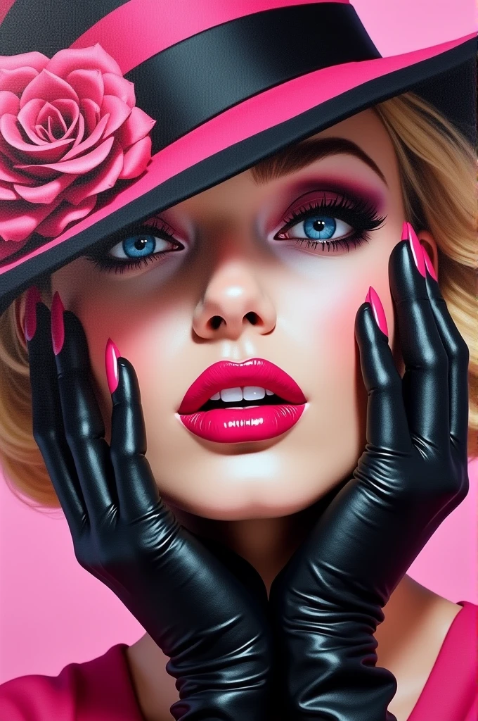 A captivating, vibrant oil painting of a woman's face with a striking emphasis on her bold, deep pink lips and nails. Her eyes are partially hidden by a stylish, pink and black striped hat adorned with a delicate flower. Her eyes peek out from the hat, exuding confidence. Pink and black leather gloves complete her bold ensemble, while her lips are framed with a precise black liner. The vivid color palette of pink, black, and white creates a striking contrast, making this painting a true work of art., painting