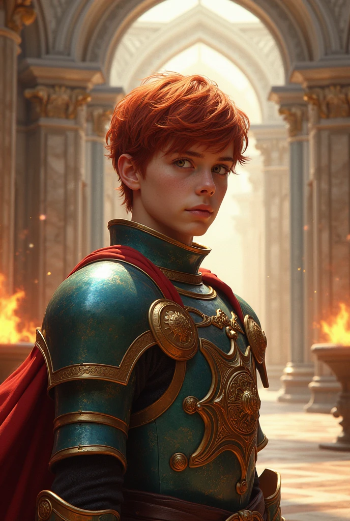 (absurderes, details Intricate, work of art, best qualityer, high resolution, 8k), 1 men, fine tune, Youngh, aged, mascarado, finely detail eyes and face, faded red hair, amber eyes, portraite, looking ahead at viewer, standing alone, half shot, detailed back ground, (light fantasy theme:1.1), concentrating, mercenary, sunshine light, floating remains, colorful plate armor, divine aura, bright realistic lighting, Marble castle, intense atmosphere, diadem, coat of arms, brazier, , Depth of field, Visual effects.