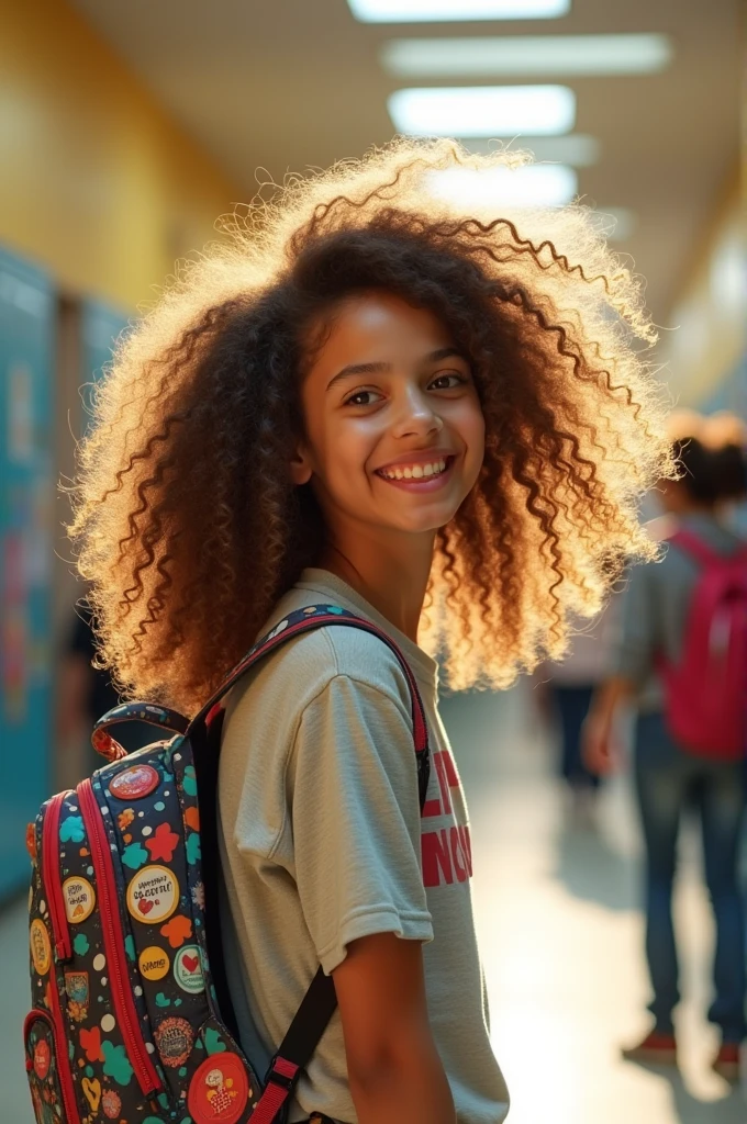 A girl with curly hair at school