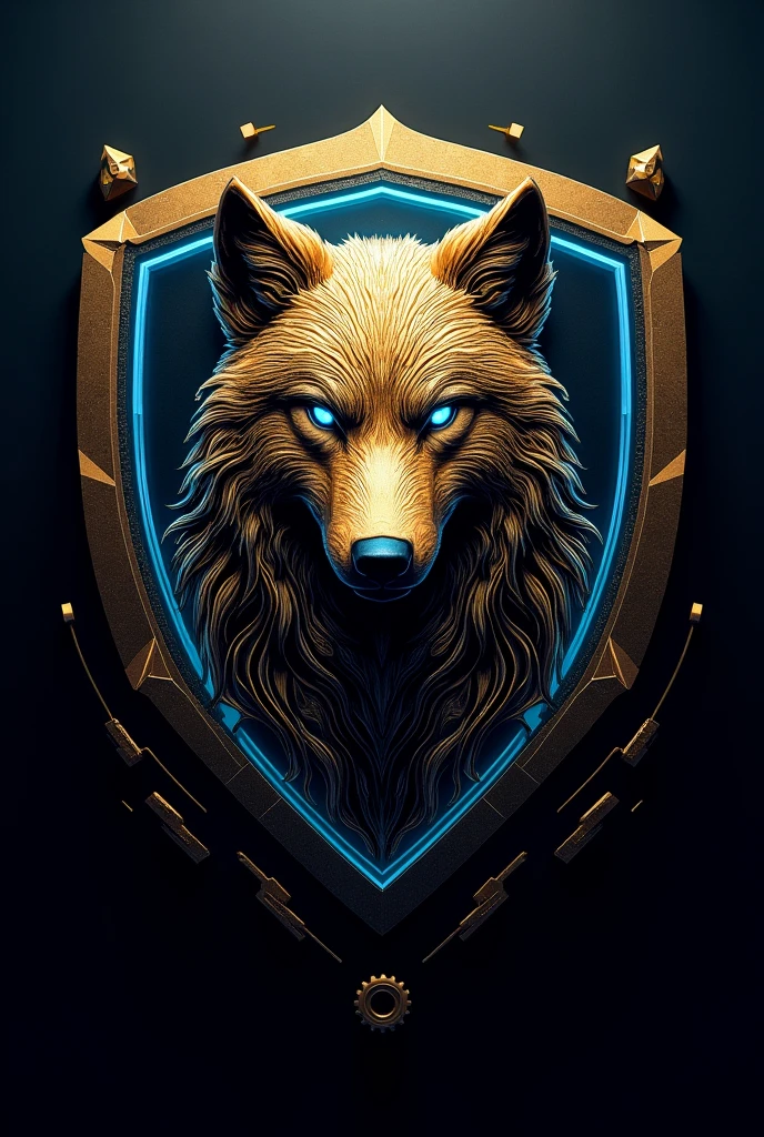 Create a team jersey shield featuring a golden wolf with technological elements.