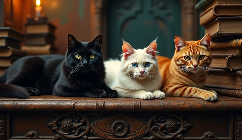 give me 3 cats on mystical temple table from the 1800s with old books nearby