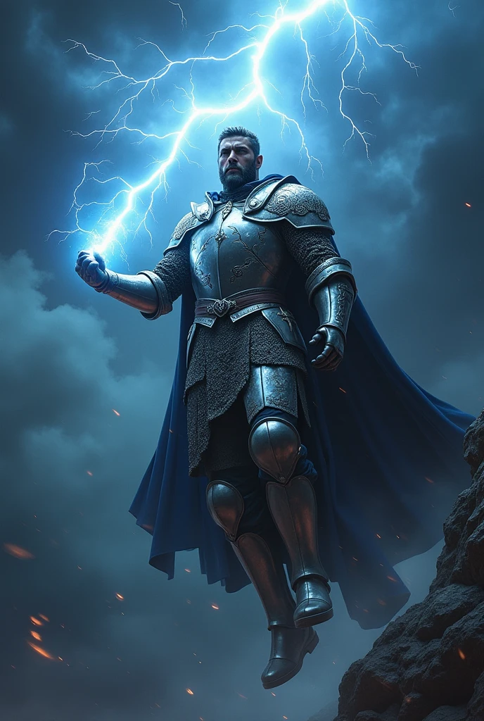 Medieval warrior descending from the sky, climbing a lightning bolt