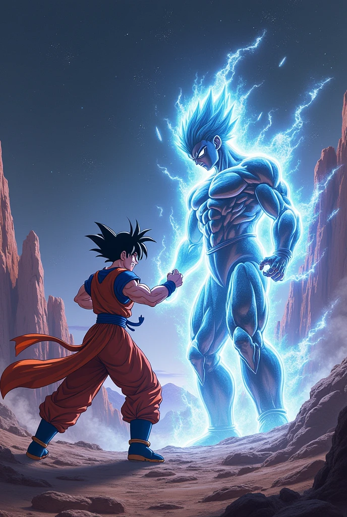 Create a scene where Goku, in his Ultra Instinct form, is fighting Bills., on a remote planet.