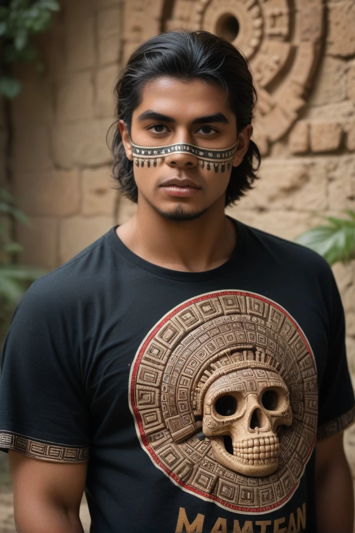 aztec skull, green, Red and white, Very detailed print, Maya style, 4k screen printing t-shirt design, aztec warrior, Mayan Jaguar Warrior, very detailed dark art, very detailed artwork, Heavy metal t-shirt design, very detailed art, Highly detailed engraving, detailed face, Arte limpio y detallado formato png (png) High resolution, High resolution, masterpiece, High details, Very detailed, 