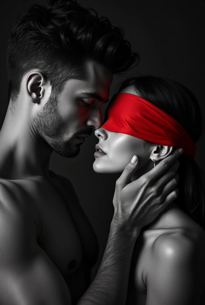 In black and white, depict a man holding a woman's face in an obsessive manner. The woman's face should be blindfolded with a bright red blindfold (the only color in monochrome picture) with a visible dry tear stain on one cheek. The man’s expression should be intense and focused, adding to the obsessive theme. The Man should be 25 years old, very handsome with sharp jawline and no facial hair or beard in the face and looks young unlike his age of 25. the woman looks younger than her age of 22, her hair is shoulder length and slightly wavy. no face piercing on both. Their position should be like this. The man held the women from behind, his veiny strong hands holding the woman's chin up. The man's eyes shows dark intentions toward the woman.