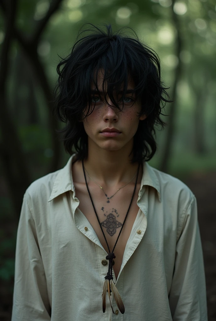 A age boy with long tangled black hair that covers his right eye, his visible eye pale, ice blue, with scars all over his neck and chest, wearing a thin linen shirt with three small feathers on a cord around his neck