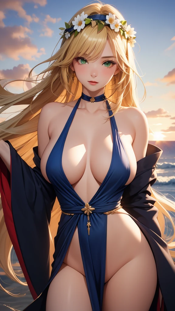 Best quality, 30yo woman, big breasts, blonde long hair, green eyes, sexy thin dark blue robes, sunset, thin fabric, upper body, sexy, angelic, flower crown, skimpy,