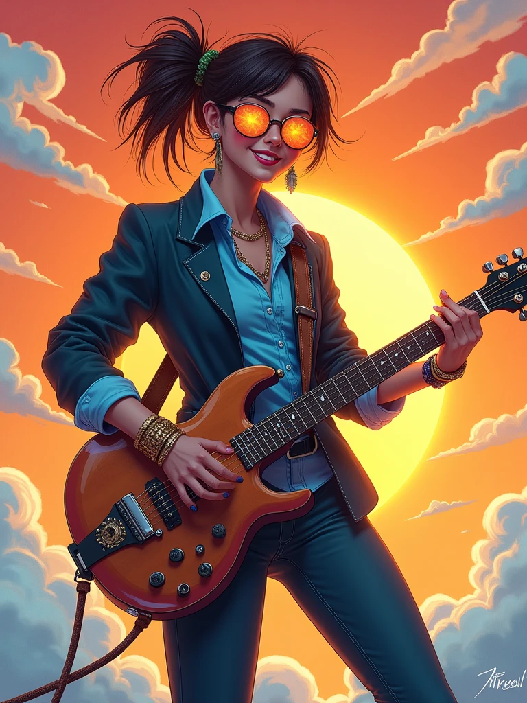high contrast, digital art, foreshortening,  Full body,  (jacket, blue shirt),  pants,  bracelet, beads, necklace, jewelry, solo, grin, earrings, hat,  (standing, guitar, holding, long sleeves, holding instrument, instrument), round eyewear, tinted eyewear,  blue tint, orange sky, blue cloud, steampunk, glasses, round eyewear