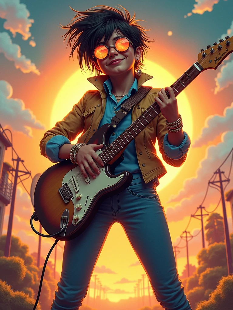 high contrast, digital art, foreshortening, Full body, (jacket, blue shirt), pants, bracelet, beads, necklace, jewelry, solo, grin, earrings, hat, (standing, guitar, holding, long sleeves, holding instrument, instrument), round eyewear, tinted eyewear, blue tint, orange sky, blue cloud, steampunk, glasses, round eyewear