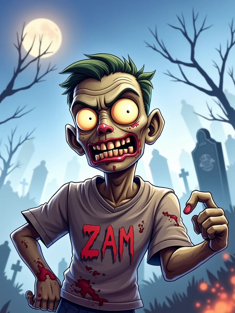 on top of the image sent, zombie theme in drawing, with the name ZAM at the top and MascaZombieRanhas at the bottom visibly, both names must appear, ZAM at the top and MascaZombieRanhas at the bottom