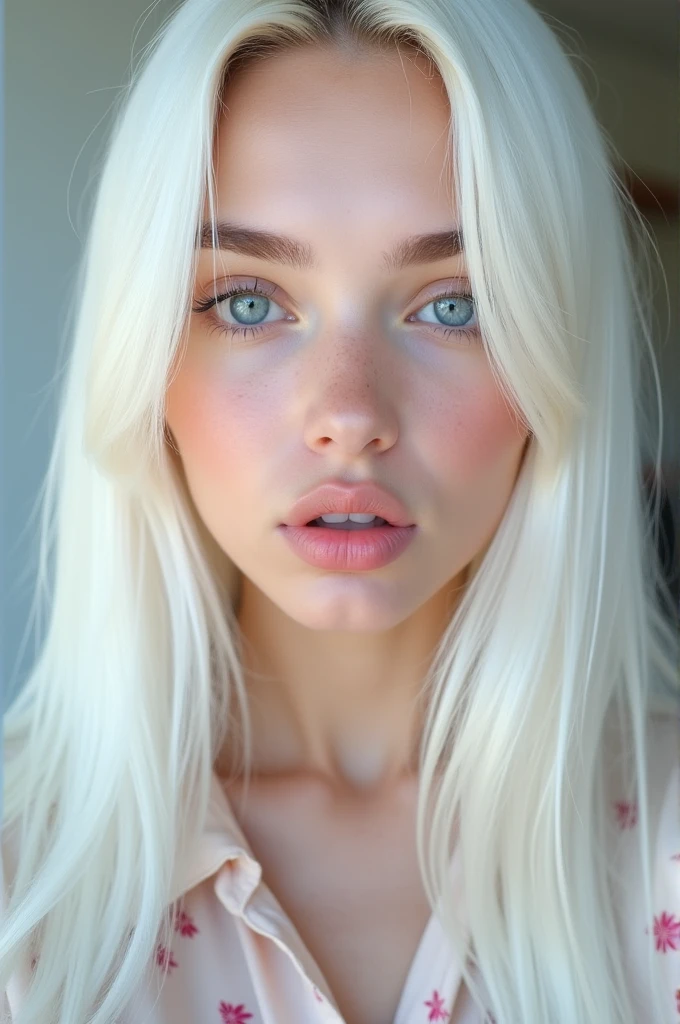((best quality)), ((masterpiece)), (detailed), perfect face gere foto de Beautiful young woman with pale skin, baby blue eyes, long straight white hair, selfie making a cute pout, light pink makeup, inspired by bernini