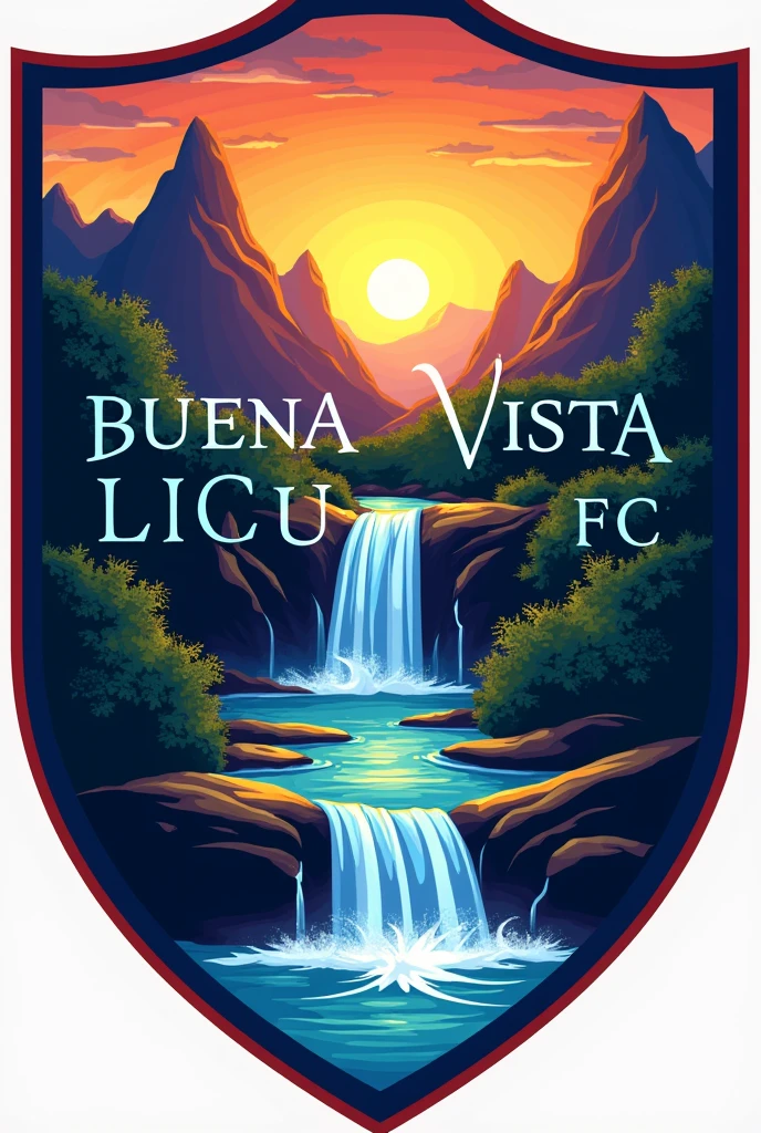 Escudo de fútbol ⚽ con montañas cascada y el nombre de BUENA VISTA LICUA FC