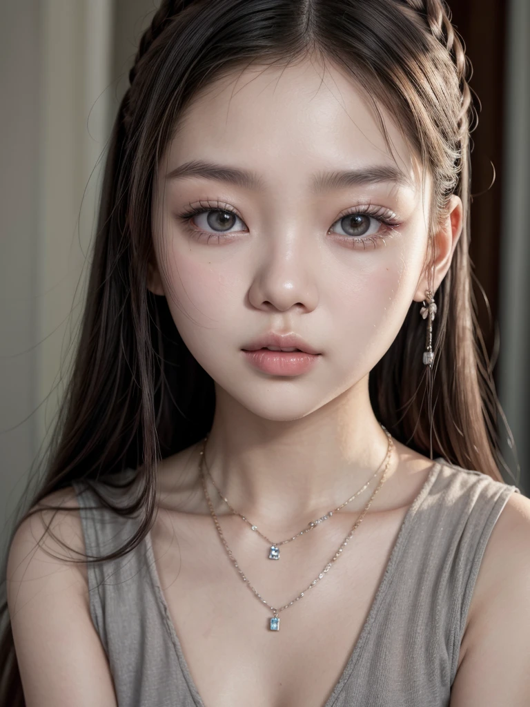 a close up of a woman in a grey dress posing for a picture, Jennie Blackpink and CL mix them, young asian face, ulzzang, she’s facting camera, necklace