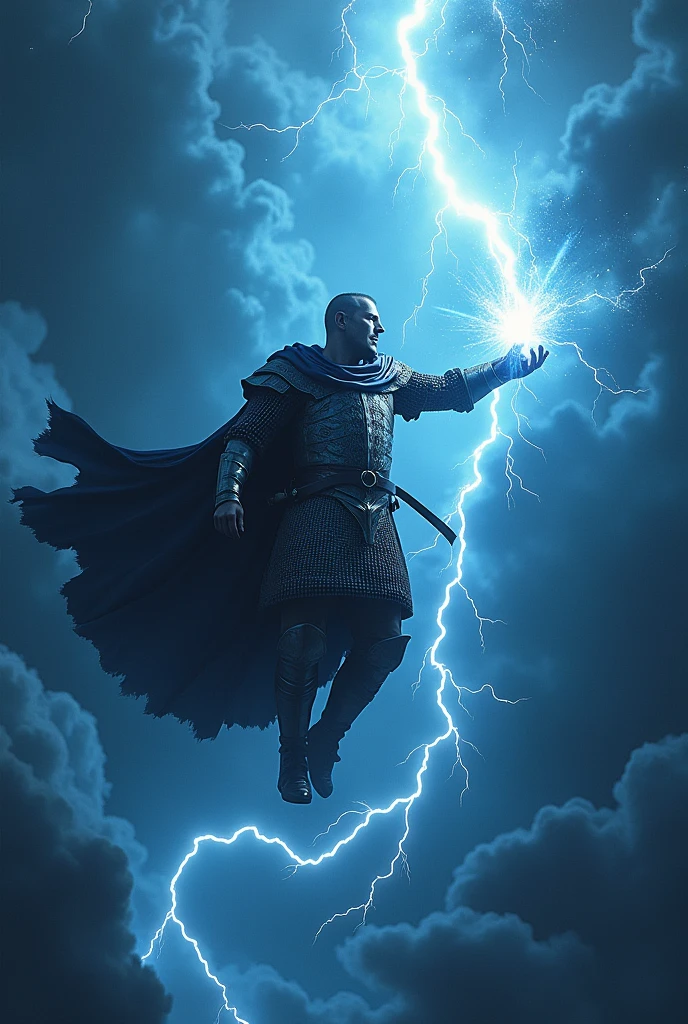 Medieval warrior descending from the sky climbing a lightning bolt with both hands
