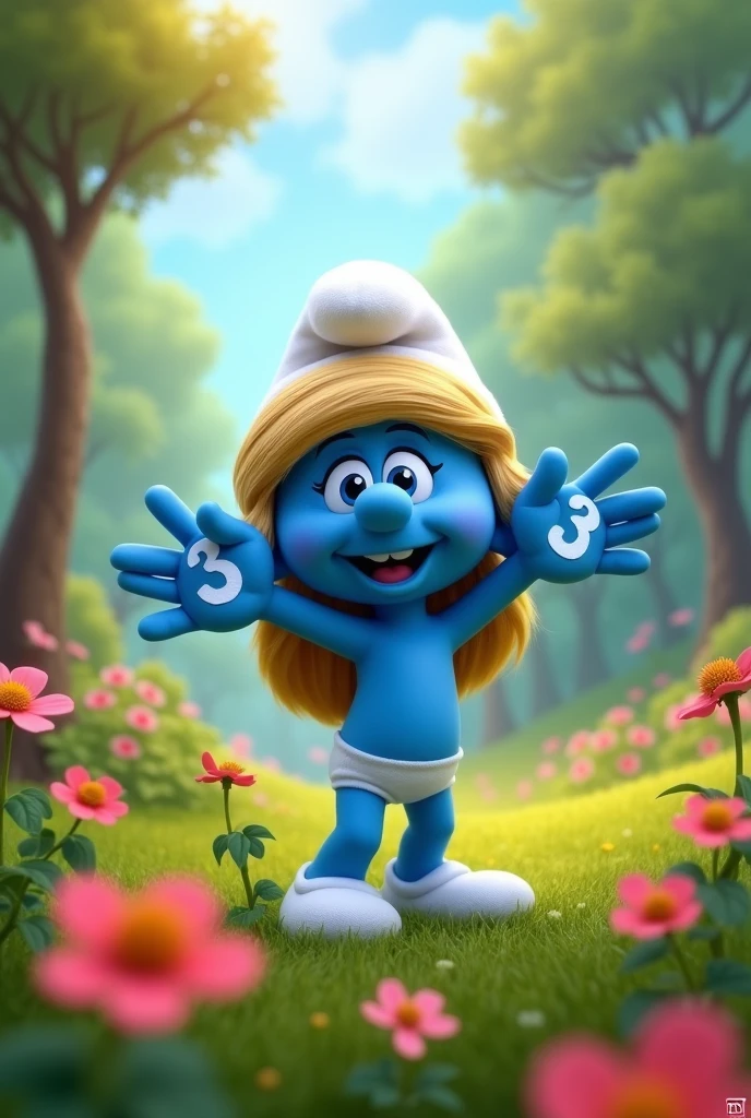 Smurfette with the number 3 on her hands 
