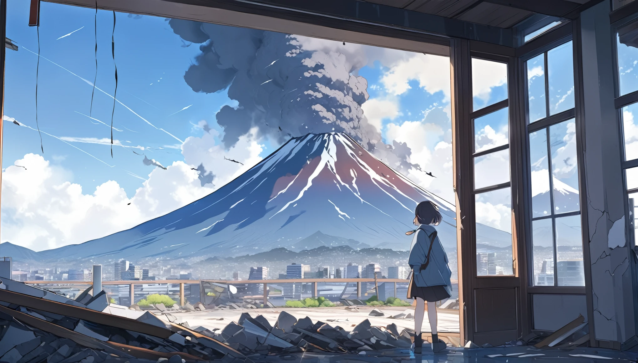 High definition、high resolution、Masterpiece、The building is destroyed、The building is leaning and about to collapse、Window glass is broken、The ground is cracking、earthquake、Black smoke from Mount Fuji、Mt. Fuji eruption,Urban collapse、Daytime background、Amazing young people、Makoto Shinkai style