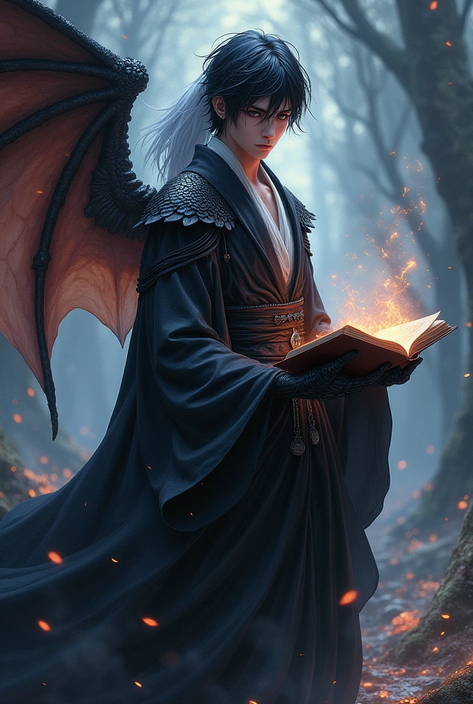 A male mage with black scales and a flamboyant dragon wing, black loose hair with a white streak in his hair and long, White haori and black clothes , holding an open book in their right hand. Illustrated RPG concept art style, アニメ, with striking lighting and heavy shadows