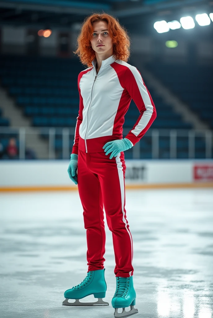 Draw a French national ice skating coach, young adult, fire-red hair down to the shoulders,naughty man,pele caucasiana,greeneyes,turquoise ice skates, on the skating rink,wearing a trainer's outfit in the colors of the Polish flag