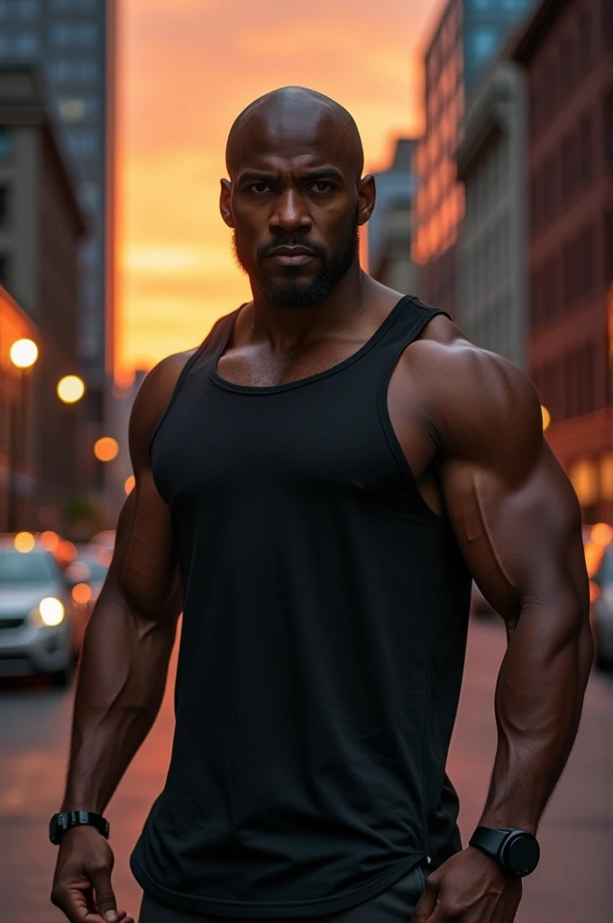 Serious muscular bald black man