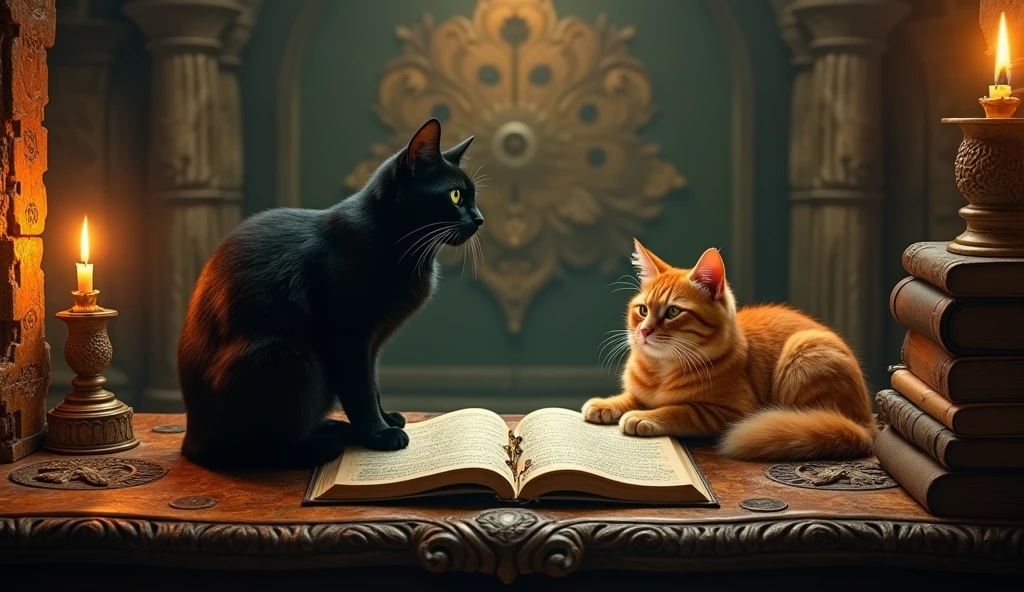 give me 2 cats far apart on a mystical temple table from the 1800s with old books nearby