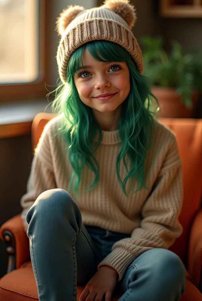 1 girl, beautiful detailed eyes, beautiful detailed lips, extremely detailed face and eyes, long eyelashes, green hair, beanie, sweater, jeans, sitting on a chair, dynamic pose, indoor, photorealistic, 8k, ultra-detailed, best quality, masterpiece, vivid colors, warm lighting, studio lighting