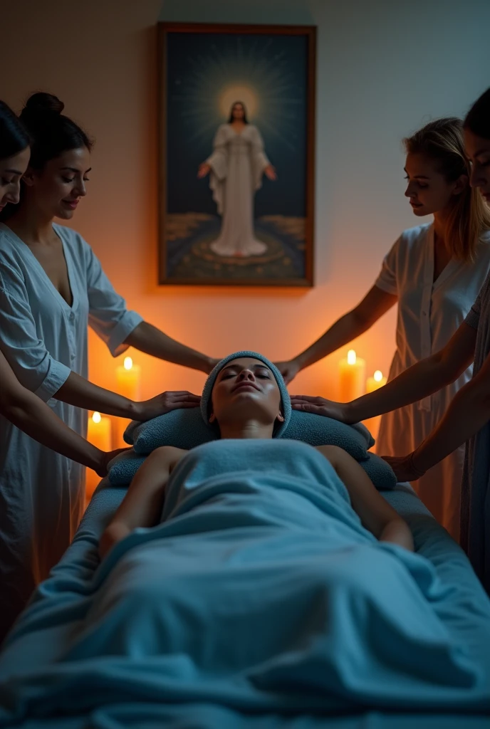 Woman with eyes closed and a small towel covering her eyes, lying calmly covered up to her neck with a blue sheet on a stretcher and 4 people applying energy with their four hands on her head, chest , Belly and feet facing down without touching the woman lying down, environment lit with candles and incense, picture of the higher self on the wall