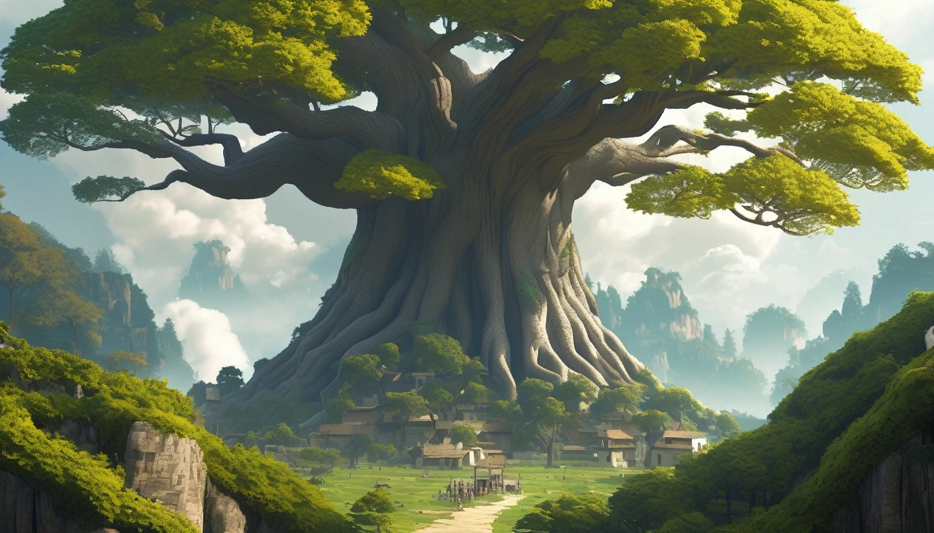 giant magical tree, the sixe of half the planet, (super tall), taller than all the other trees, white leaves, overshadowing village