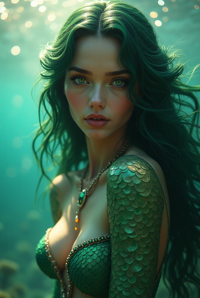 (ultra real), (figure), (High resolution), (8K), (very detailed), (Best figure), (detailed and beautiful eyes), (highest quality), (Super detailed), (masterpiece), (wallpaper), (detailed face), Generate a highly realistic image of a captivating female mermaid, NSFW, small breasts, prominent collarbones, skinny arms, flat stomach, visible hip bones, Her skin should be a mesmerizing emerald green, with scales that shimmer and reflect light. Focus on detailing her stunning face, with mesmerizing eyes and full lips that hint at a playful personality, a mischievous glint in her eyes, Her hair should flow luxuriously in the water, with strands catching the sunlight,Depict her form in a way that's both sexy and alluring, gazing seductively at the viewer, She can be adorned with minimal, tasteful jewelry that complements her natural beauty. The emphasis should be on her captivating features and the flow of her full body through the water.