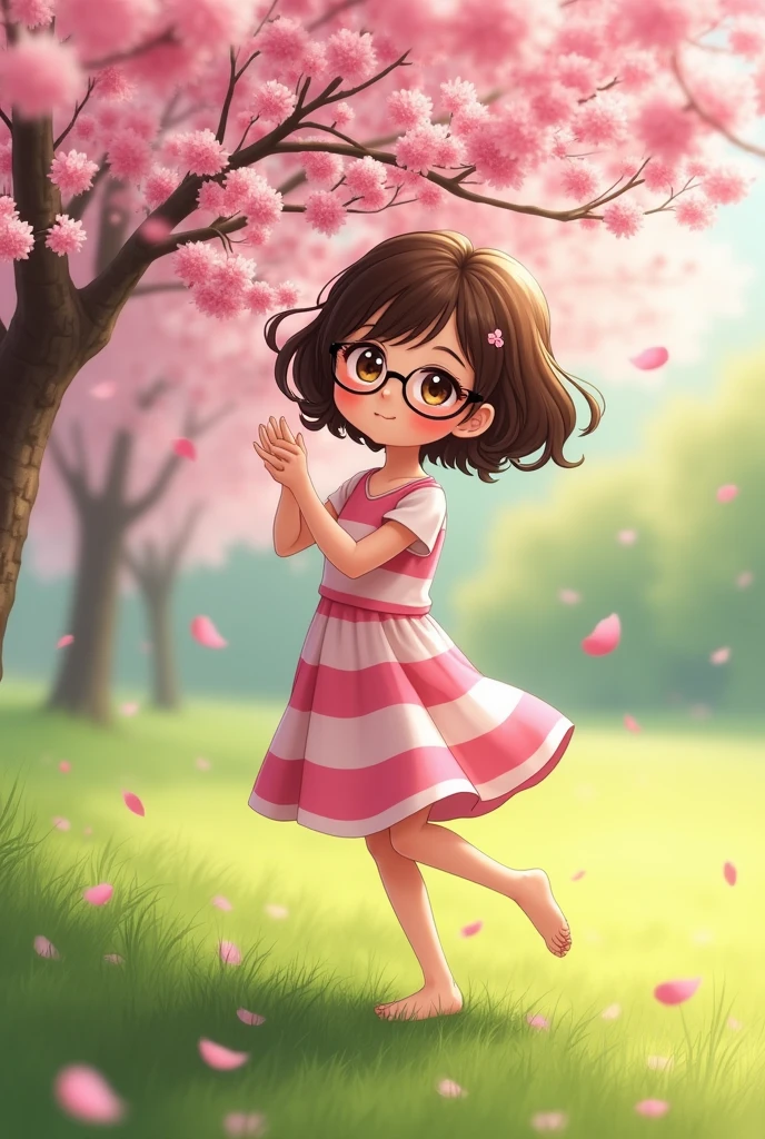An 11-year-old brunette girl with short wavy hair,wearing glasses,slim,with brown eyes wearing a pink and white striped dress that reaches her knees and barefoot