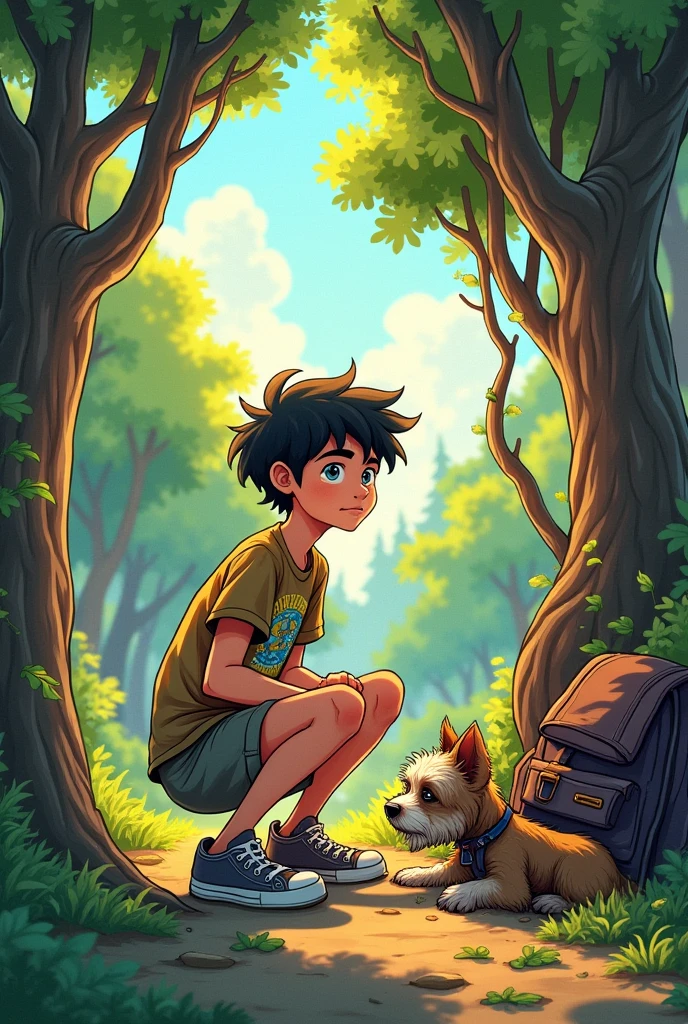 A 15-year-old boy came to a clearing where he found a small dog trapped between some branches next to a forgotten backpack., he drew comic-style